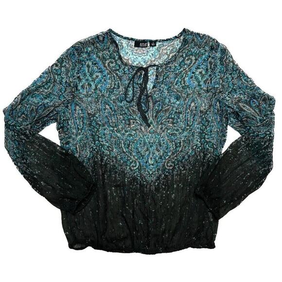 a.n.a Sheer Paisley Blouse Sheer Ombre Long Sleeve Women's Medium Blue Boho - Picture 1 of 9